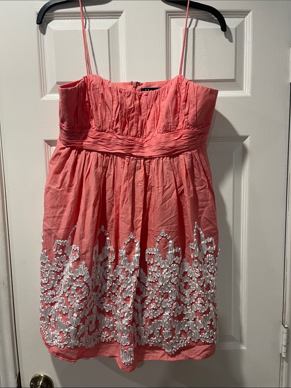 S.L. Fashions Coral Pink Spaghetti-Strap Dress with White Embroidery